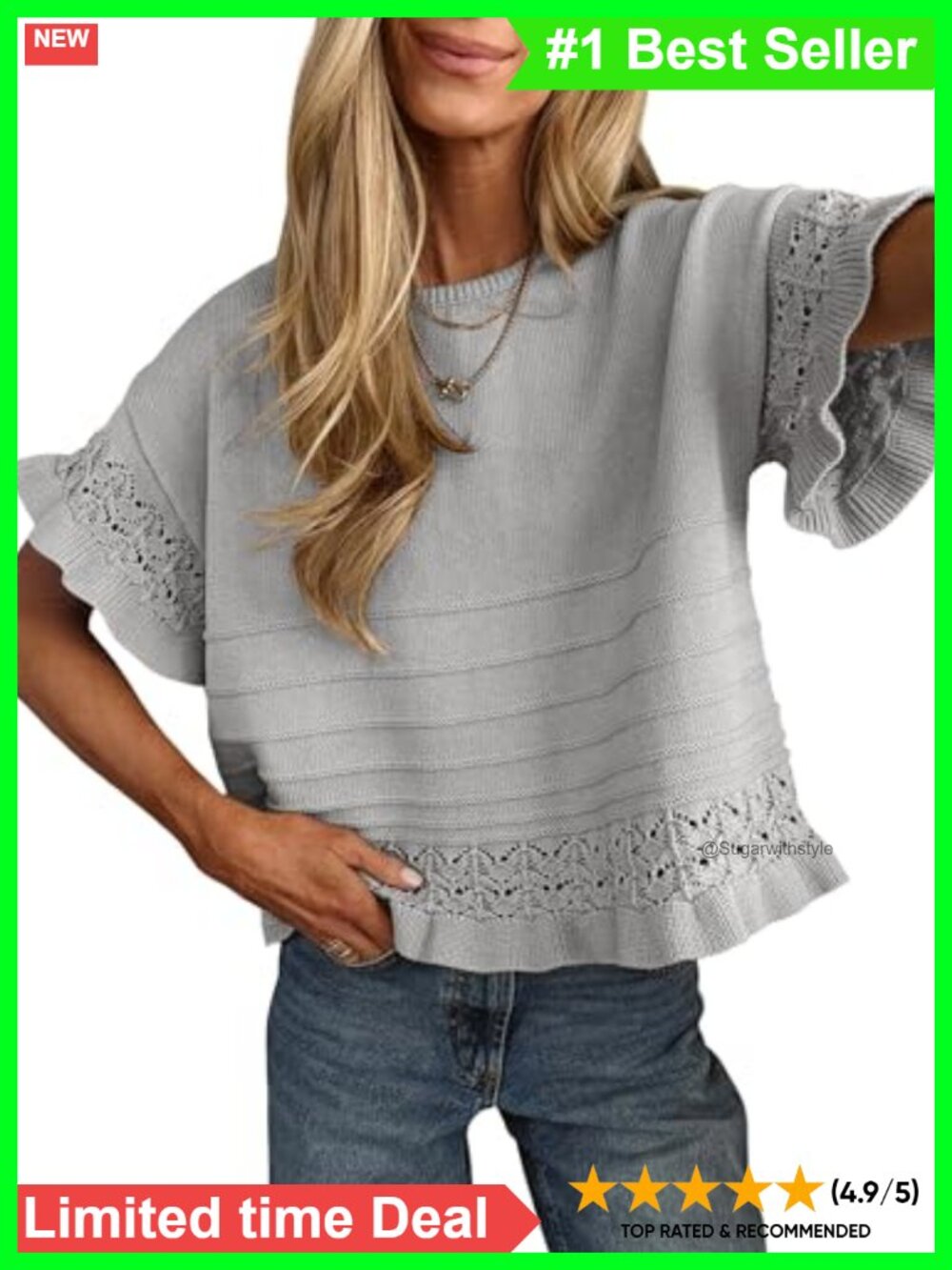 Womens Short Sleeve Knit Crochet Pullover Sweater Ruffled Hem Top Blouse